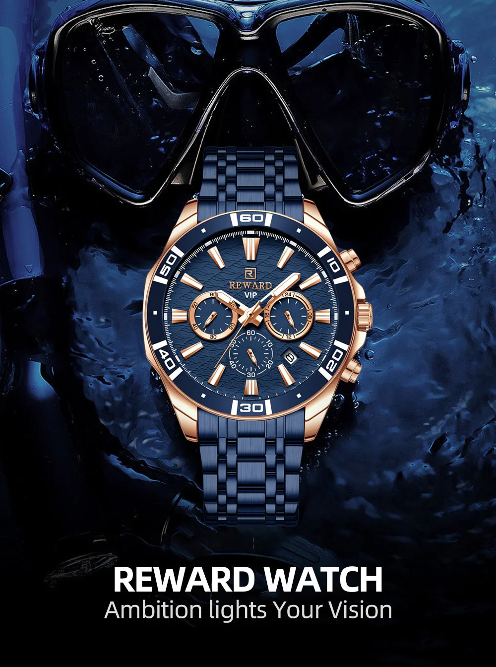 Reward VIP Watch Wave Dial Luminous Stainless Steel Fashion Watches RD81134M