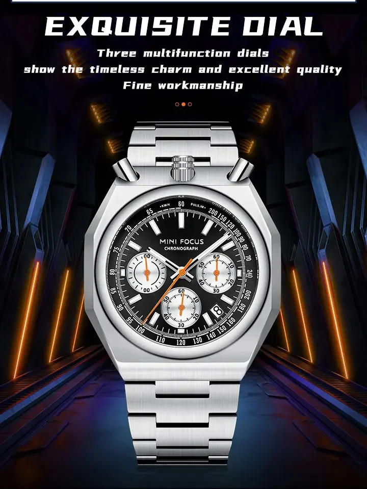 MINI FOCUS MF0601G Wholesale Men's Retro Quartz Watch-Luminous Pulsometer Chronograph Steel Band