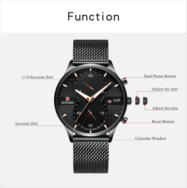 Flexible stainless steel mesh band of the Reward watch