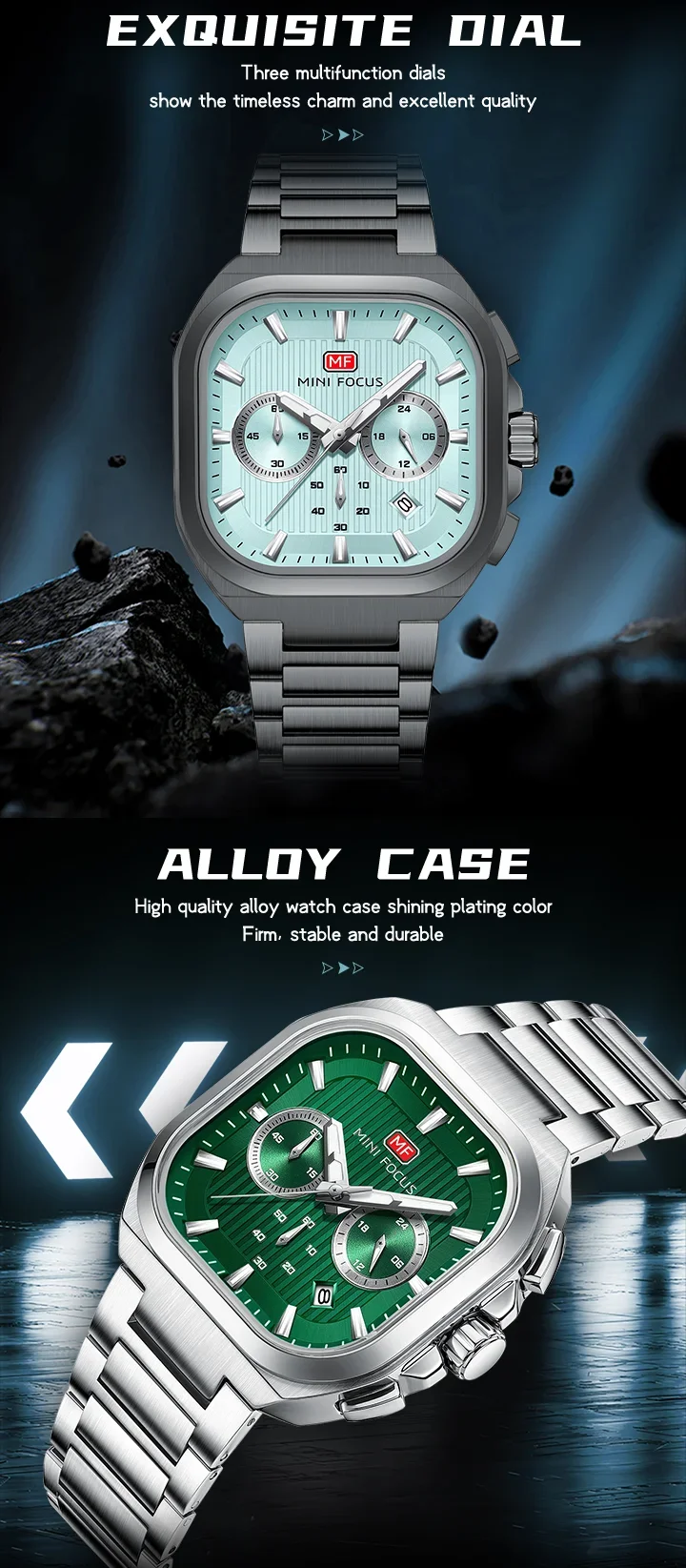 MINI FOCUS MF0622G Men's Quartz Luminous Square Watches Auto Date