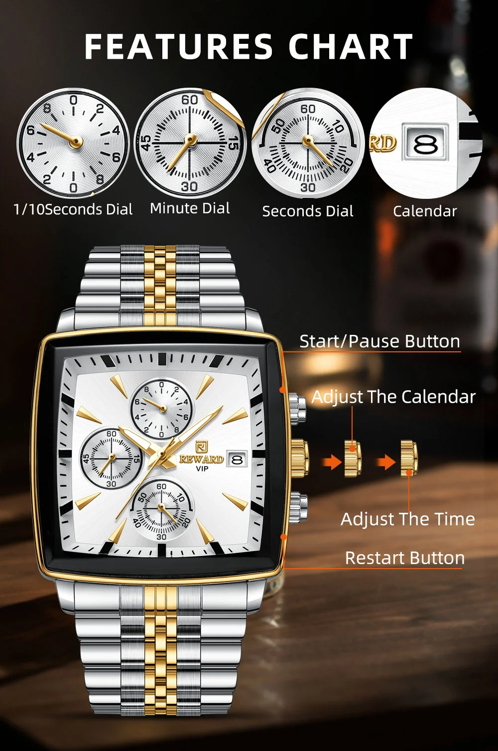 REWARD VIP RD81100M Multi-function Square Business Watch for Men