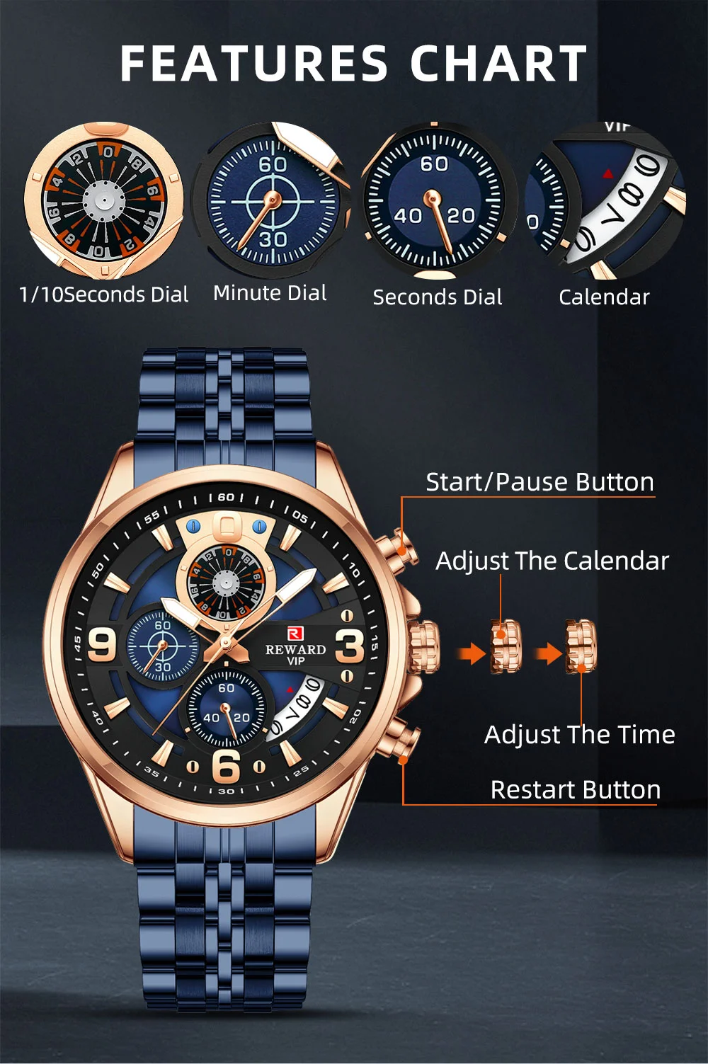 REWARD VIP RD81057M Wholesale Men's Chrono Sports Steel Watches