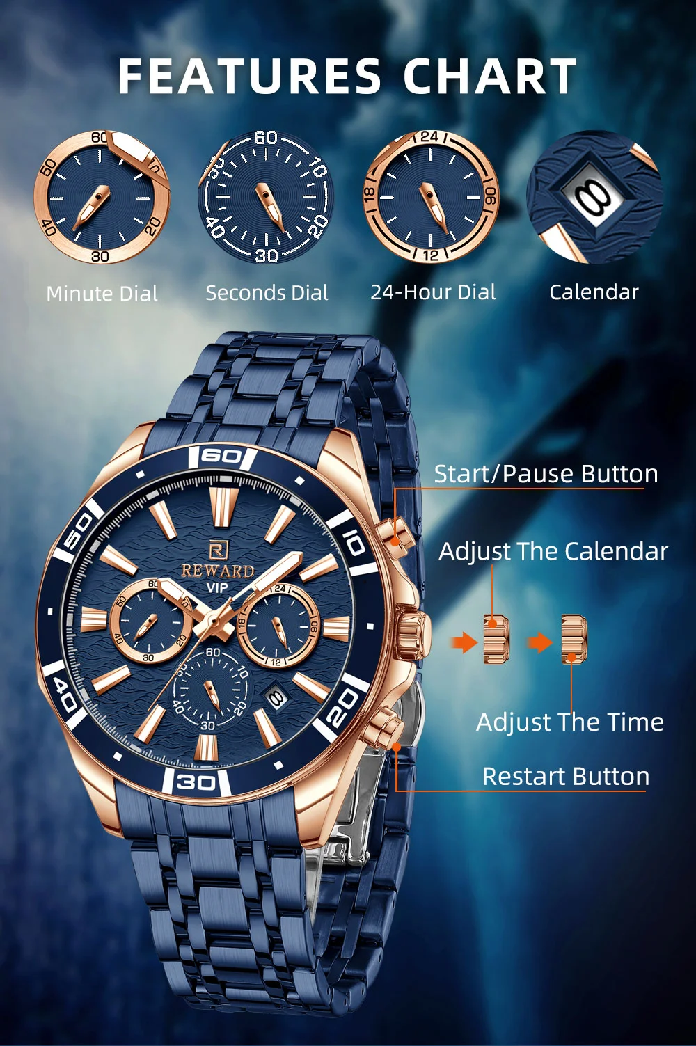 Reward VIP Watch Wave Dial Luminous Stainless Steel Fashion Watches RD81134M
