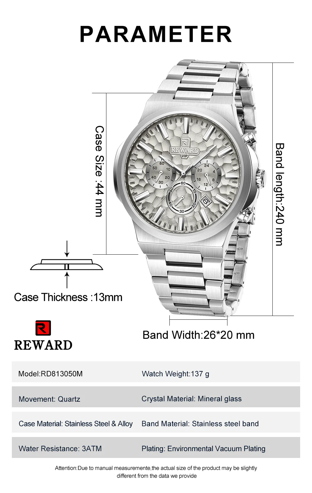 REWARD Men's Honeycomb Chronograph Stainless Steel Watch RD813050M