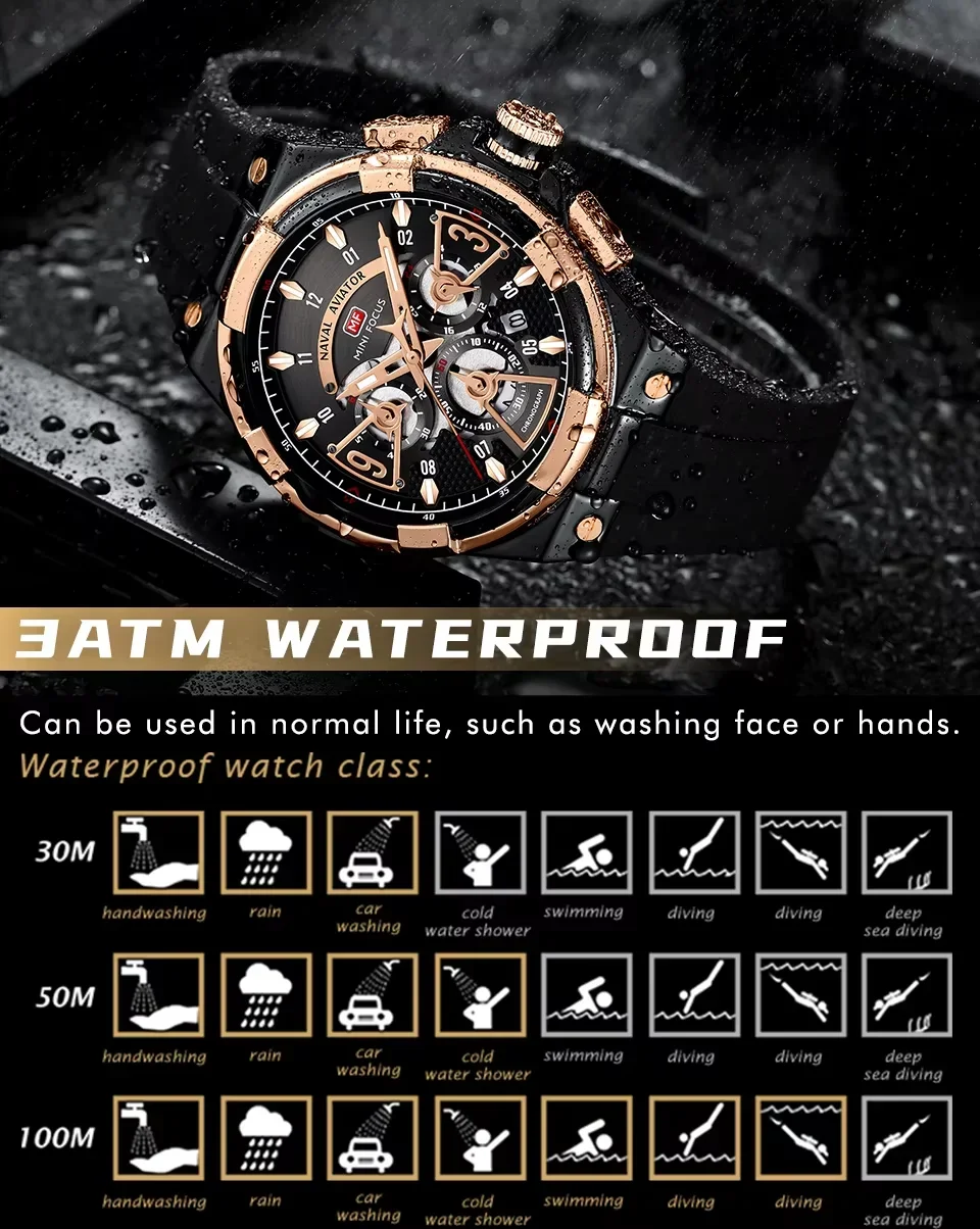 MINI FOCUS MF0402G Auto Date 3-Subdial Men's Chronograph Watches