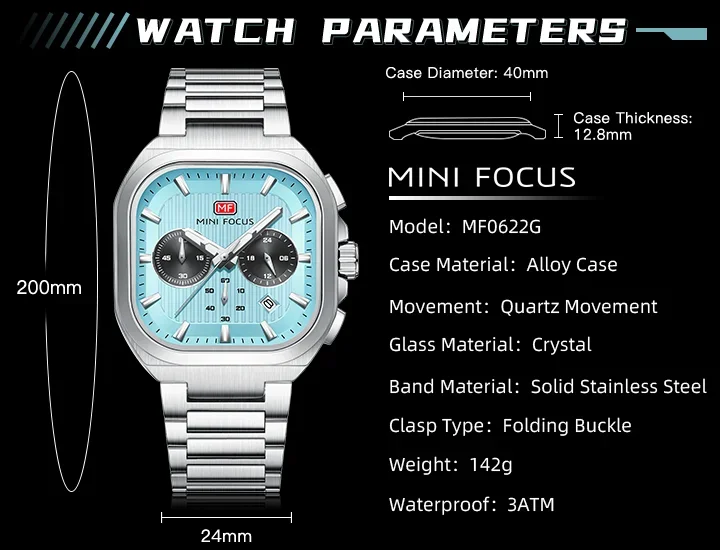 MINI FOCUS MF0622G Men's Quartz Luminous Square Watches Auto Date