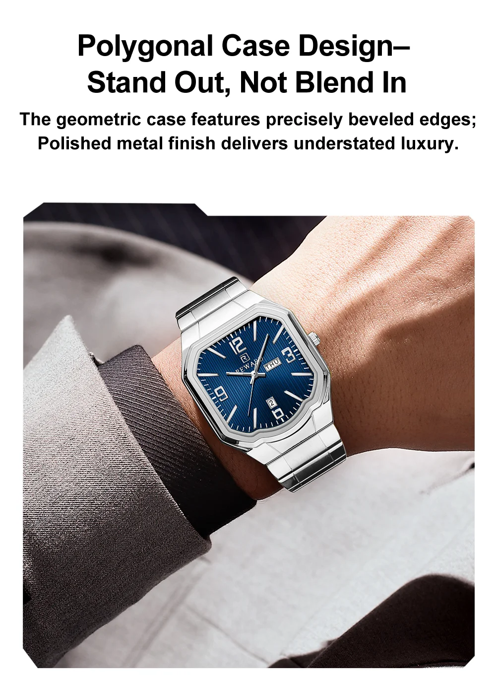 REWARD RD613377M Men's Large Square Waterproof Quartz Steel Watch