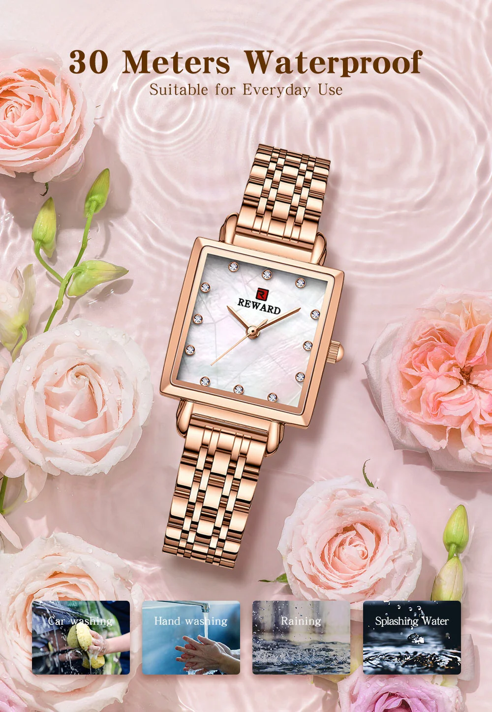 REWARD RD21041L Luxury Square Case Women Watch Mother of Pearl Dial Diamond Hour Markers Quartz Dress Watch Wholesale