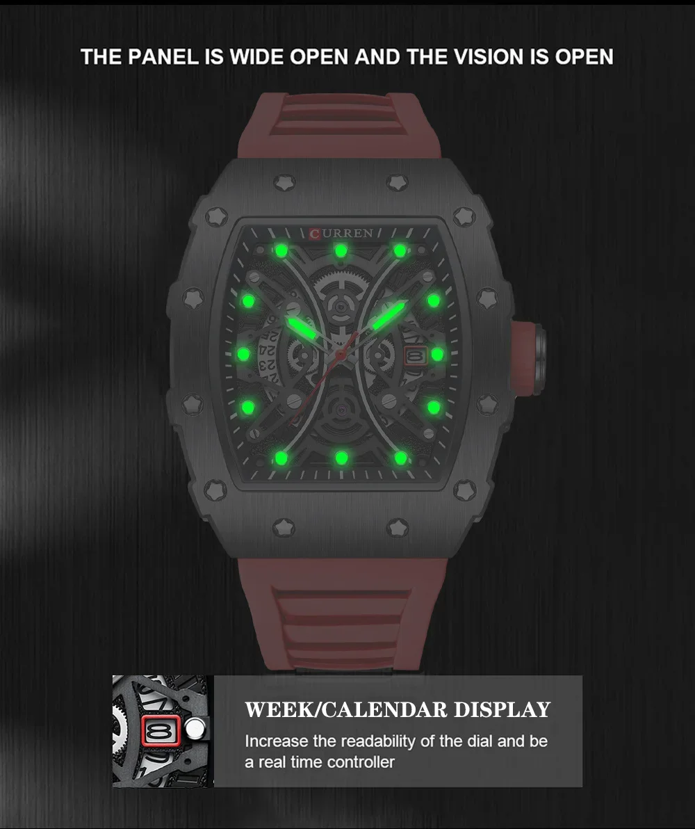 Curren 8438 watch face with clear dial and luminous markers