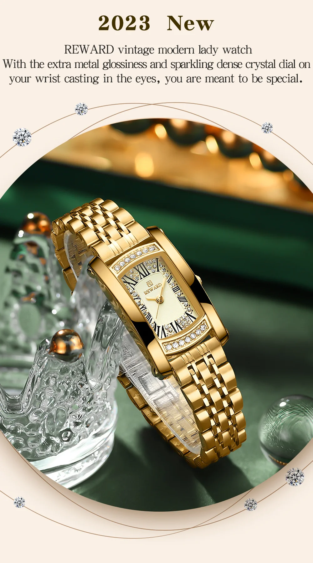 REWARD RD21551L Women's Diamond Rectangle Steel Strap Quartz Watch