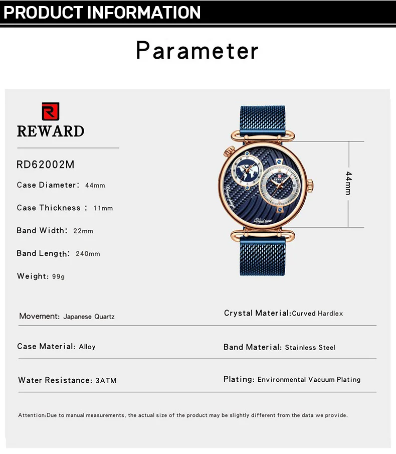 Close-up of the alloy case and mesh strap of the REWARD RD62002M watch