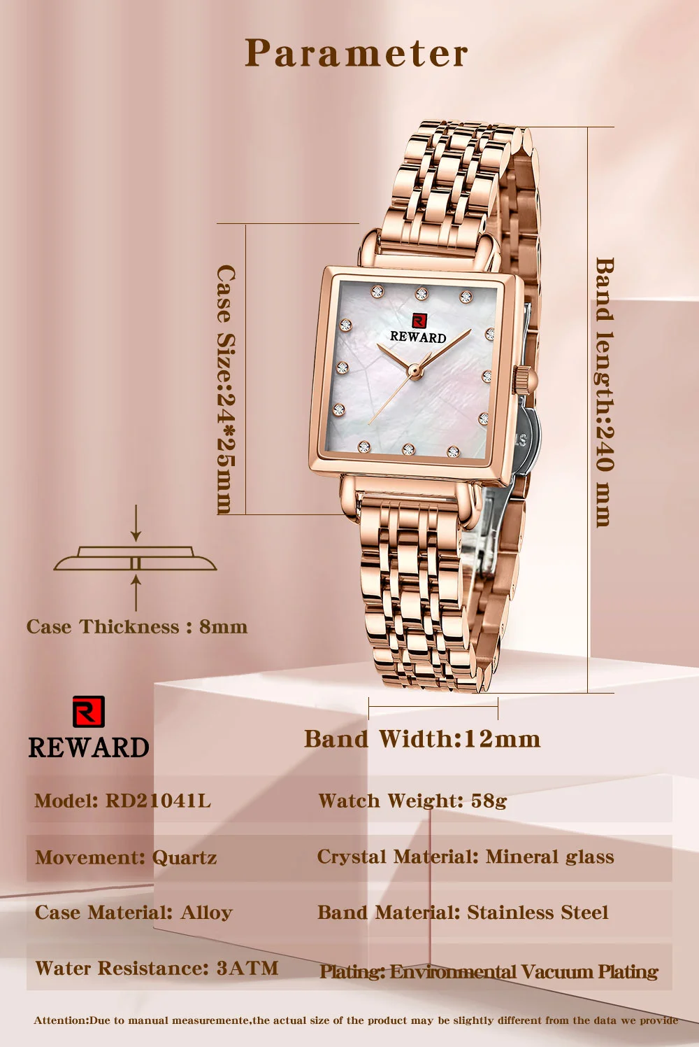 REWARD RD21041L Luxury Square Case Women Watch Mother of Pearl Dial Diamond Hour Markers Quartz Dress Watch Wholesale
