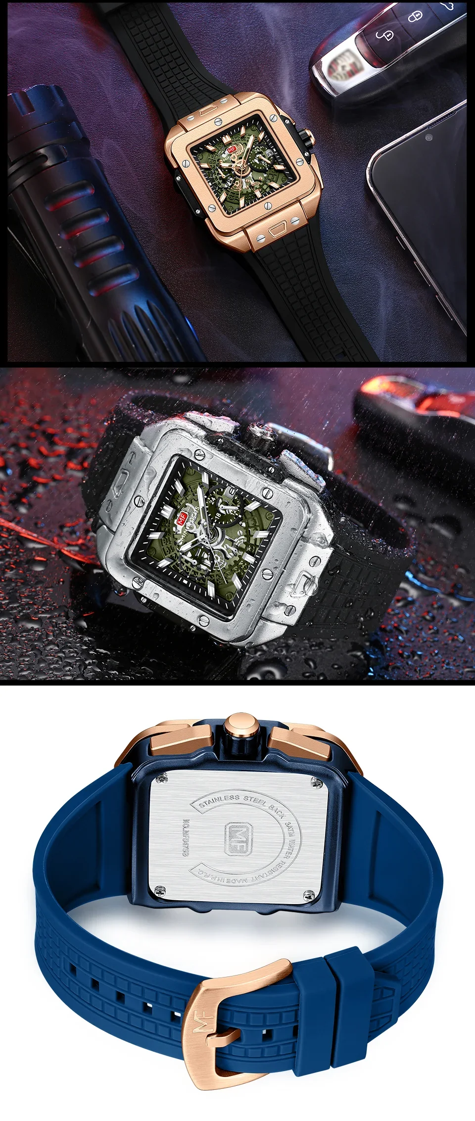 MINI FOCUS MF0475G Casual Men's Square Skeleton Dial Sports Watch
