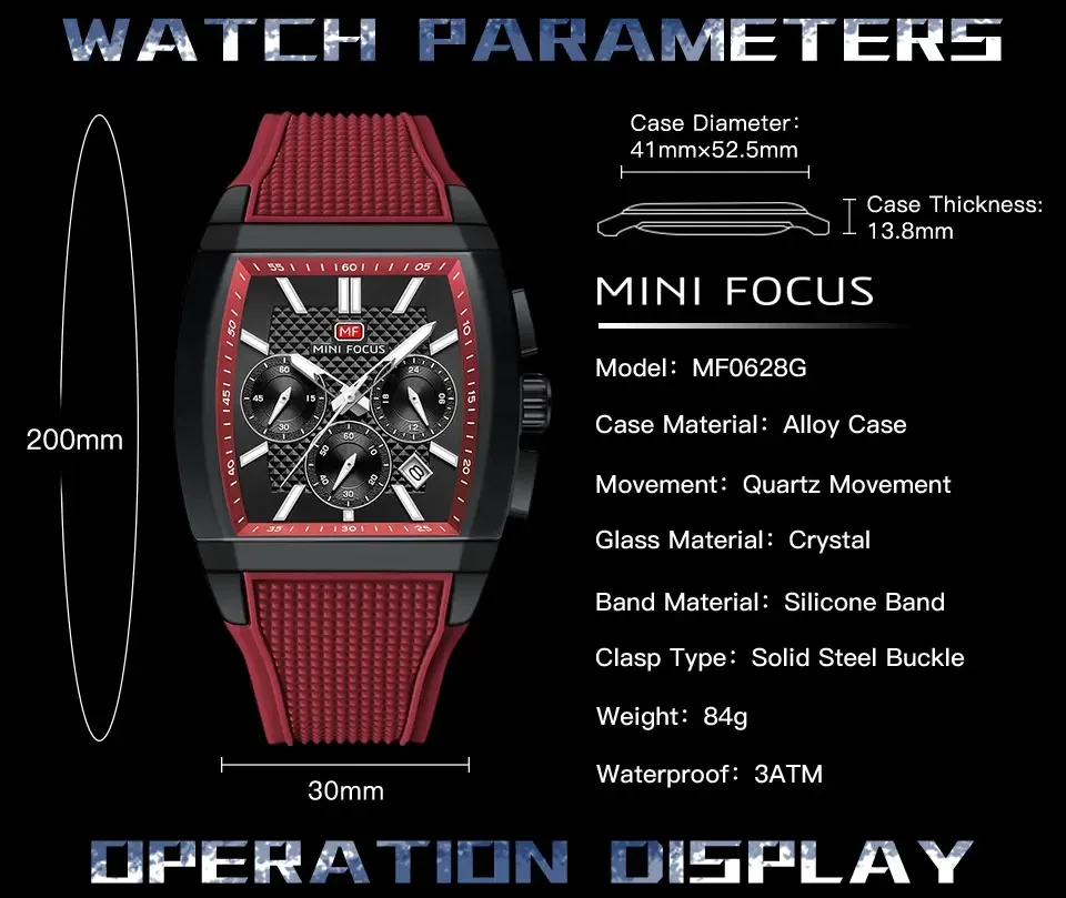 MINI FOCUS MF0628G Men Silicone Strap Luminous Sports Quartz Watch