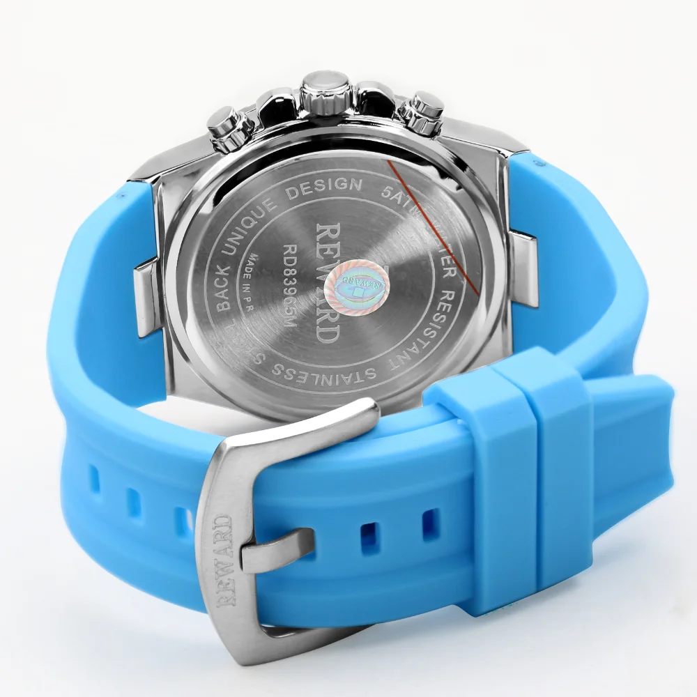 Close-up of Reward RD83965M chronograph sub-dials and alloy case