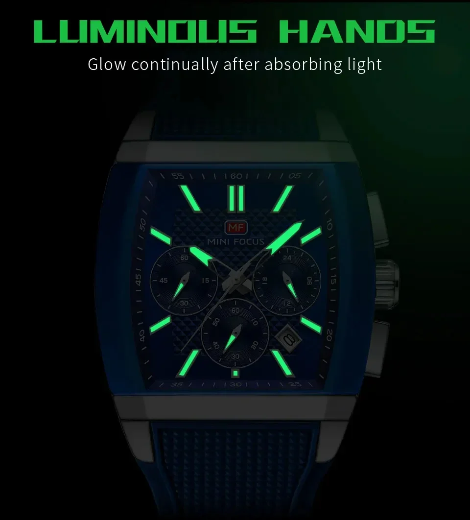 MINI FOCUS MF0628G Men Silicone Strap Luminous Sports Quartz Watch front view