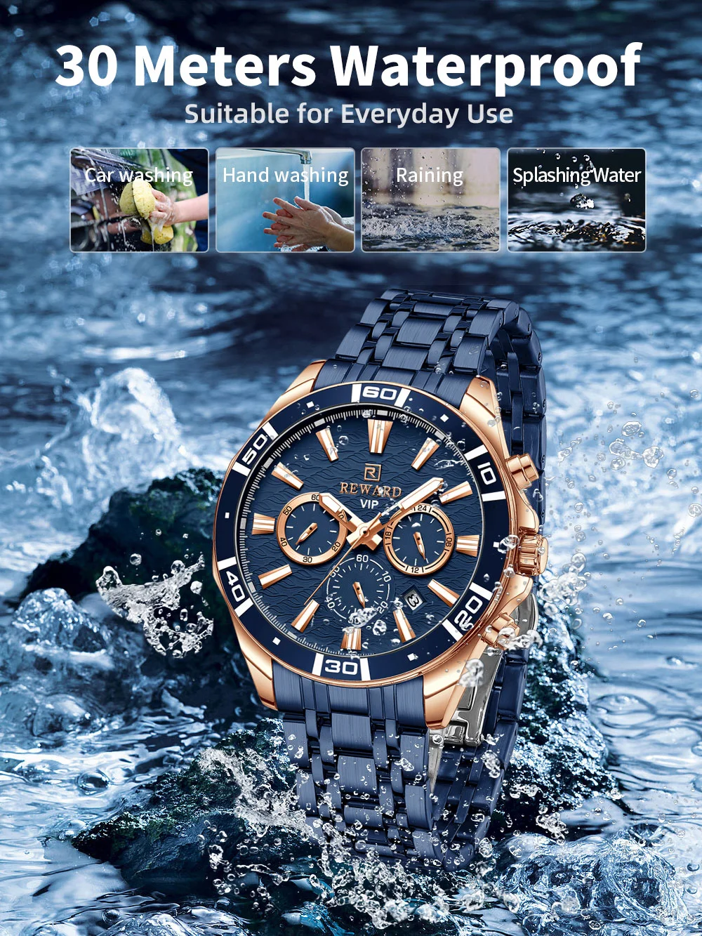 Reward VIP Watch Wave Dial Luminous Stainless Steel Fashion Watches RD81134M