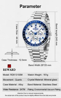 Reward 2026 Mens Luxury Wristwatch Solid Stainless Steel Band Waches RD813150M - 3 Image