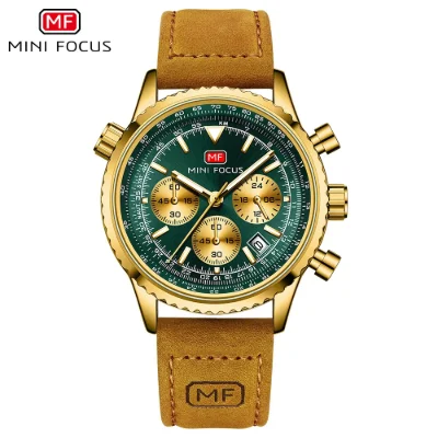 Mini Focus MF0463G Leather Straps Fashion Men Multifunction Chronograph Watches